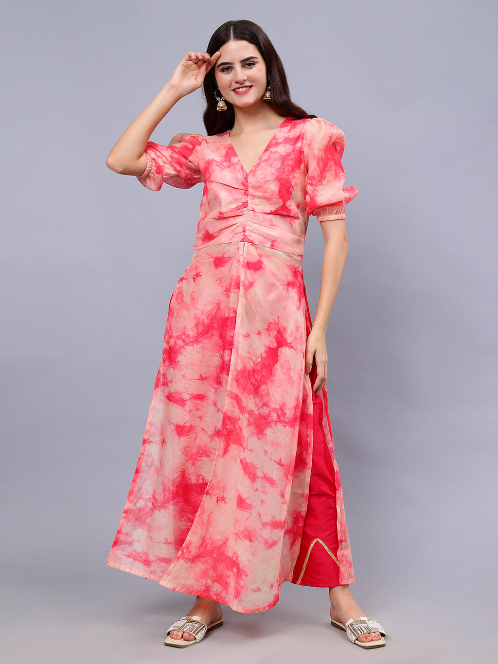Frolic Rolic Peach Tie-dye Print Silk Blend High Slits Top & Solid Pink Trouser Co-Ords Set