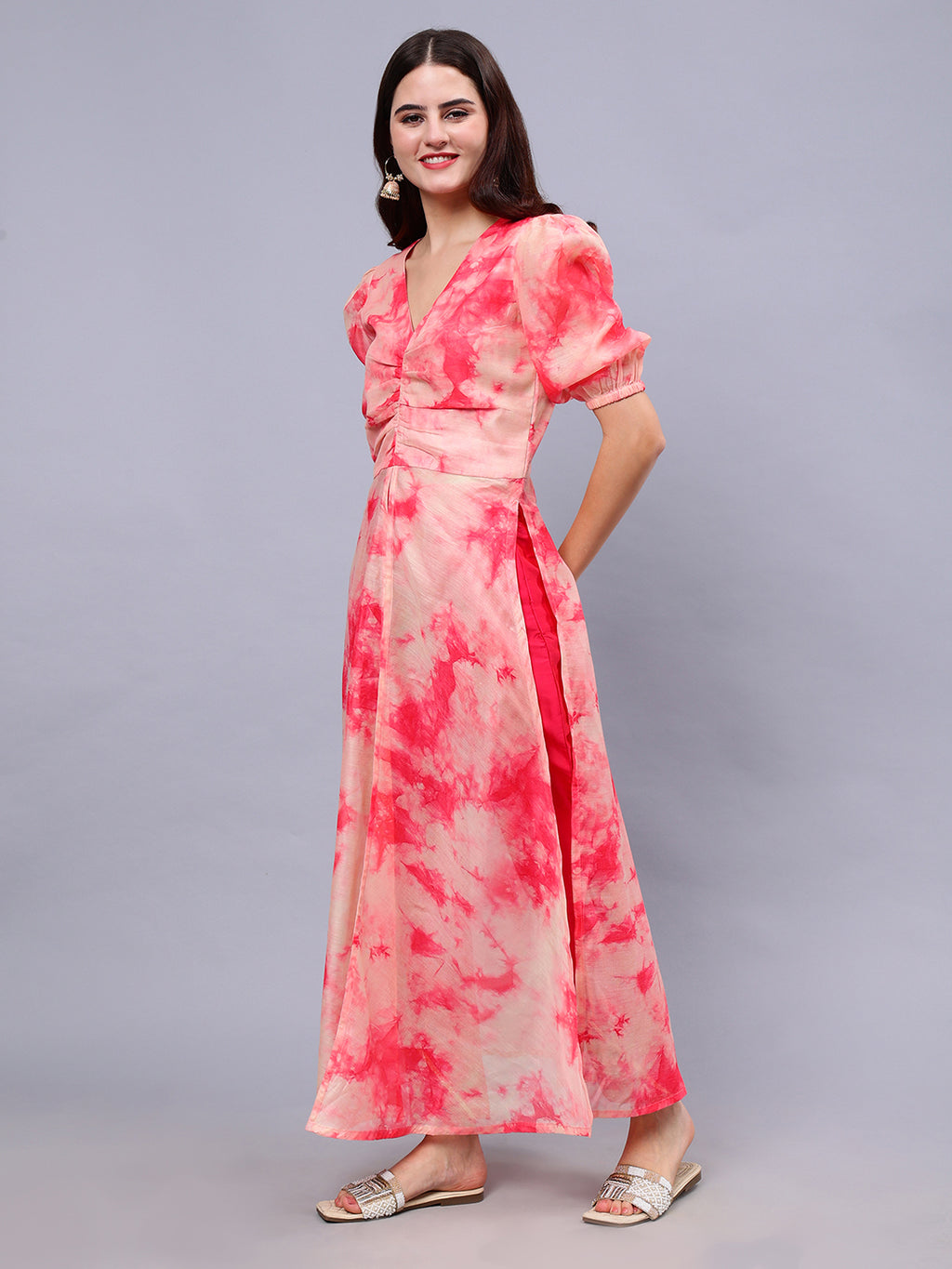 Frolic Rolic Peach Tie-dye Print Silk Blend High Slits Top & Solid Pink Trouser Co-Ords Set