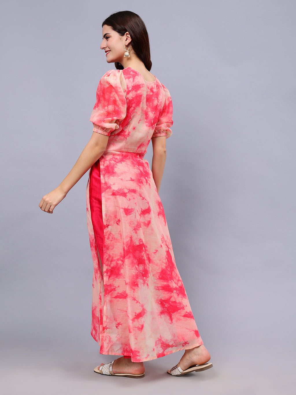 Frolic Rolic Peach Tie-dye Print Silk Blend High Slits Top & Solid Pink Trouser Co-Ords Set