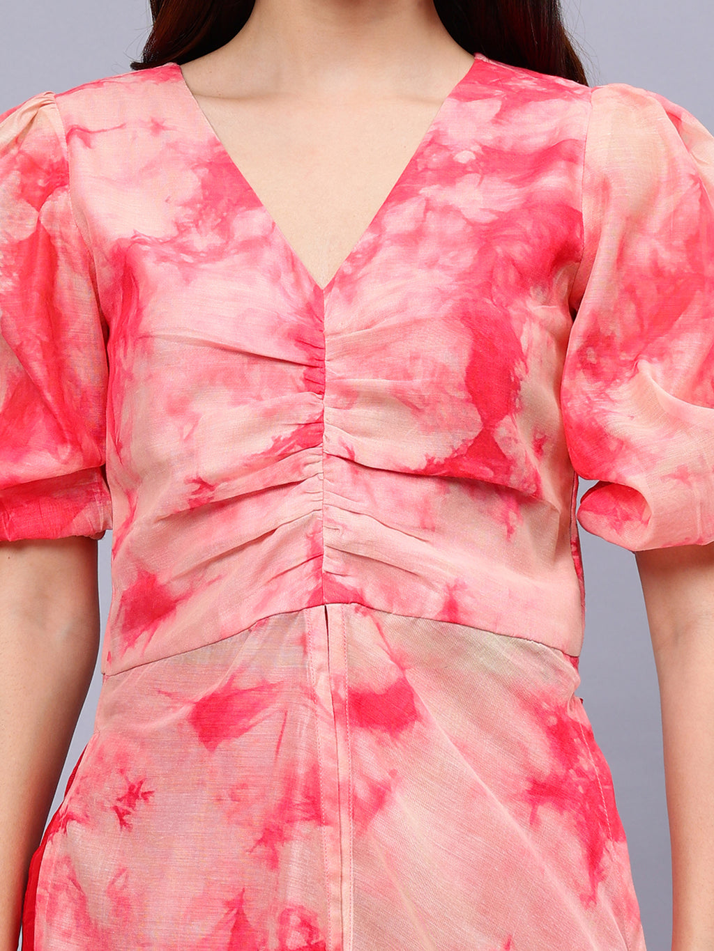 Frolic Rolic Peach Tie-dye Print Silk Blend High Slits Top & Solid Pink Trouser Co-Ords Set