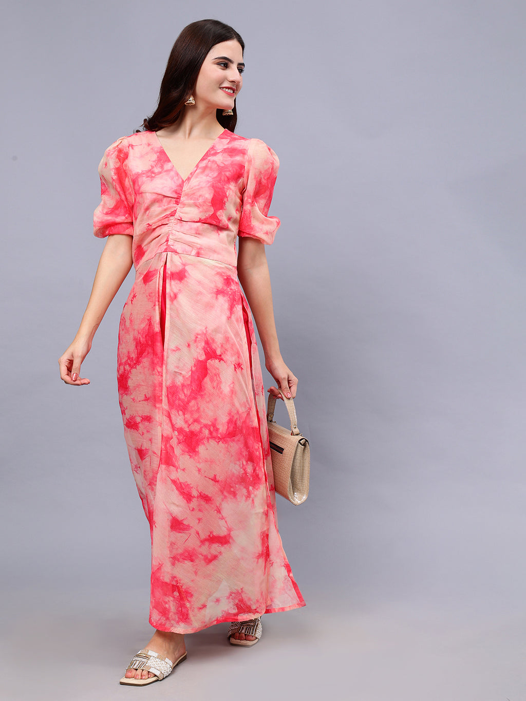 Frolic Rolic Peach Tie-dye Print Silk Blend High Slits Top & Solid Pink Trouser Co-Ords Set