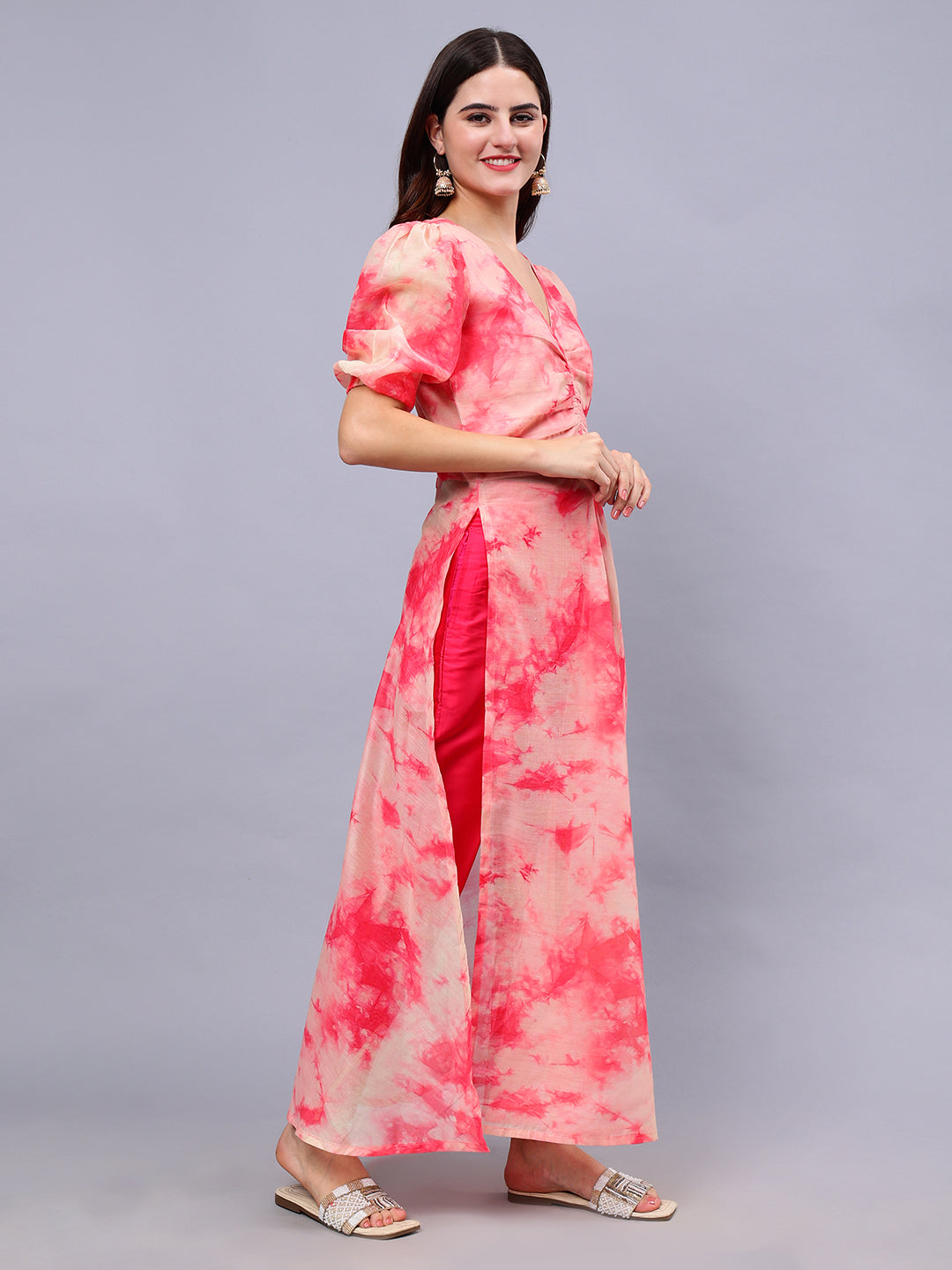 Frolic Rolic Peach Tie-dye Print Silk Blend High Slits Top & Solid Pink Trouser Co-Ords Set