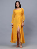 Frolic Rolic Mustard Poly Georgette Square Neck Front Slit Full Sleeves Maxi Dress