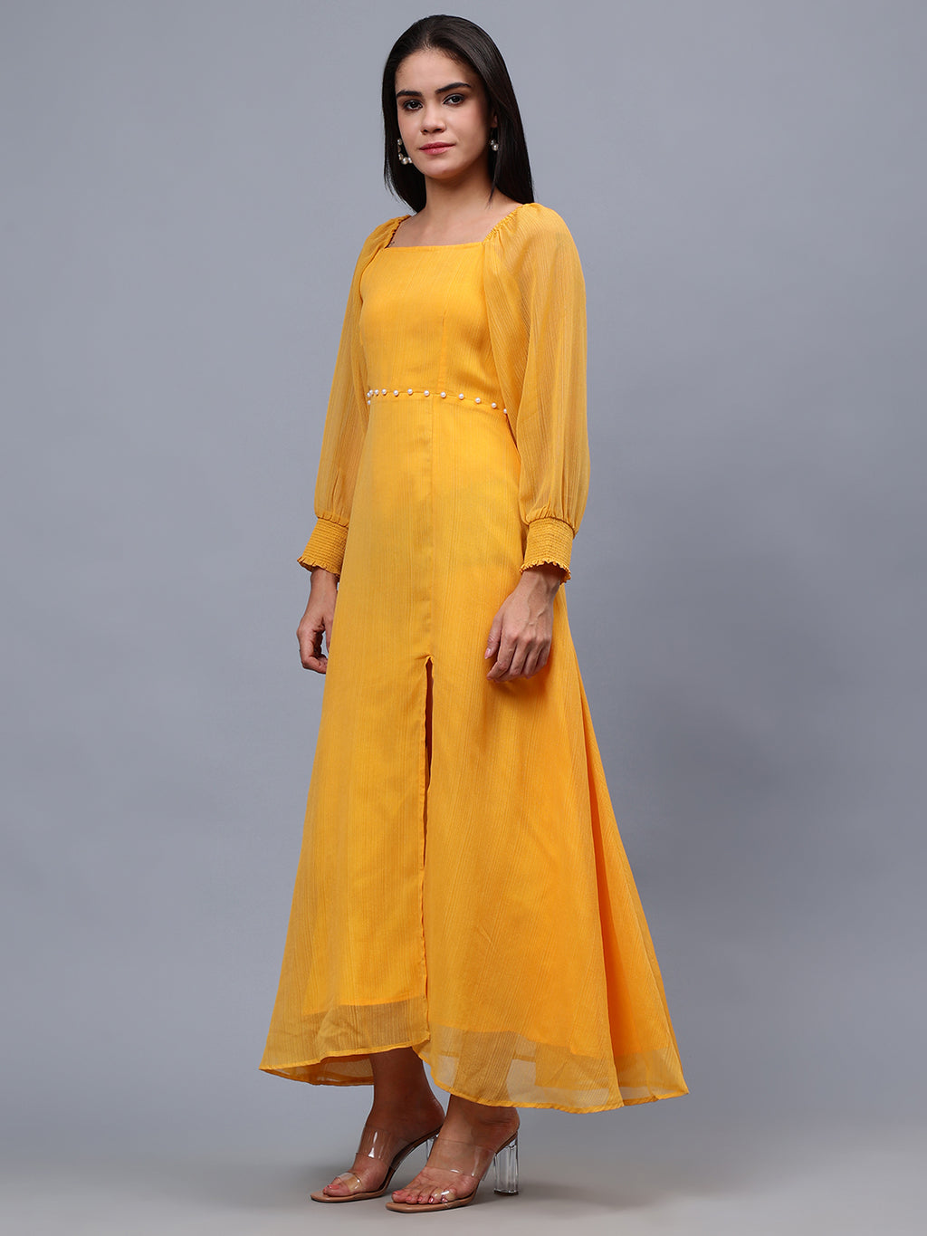 Frolic Rolic Mustard Poly Georgette Square Neck Front Slit Full Sleeves Maxi Dress