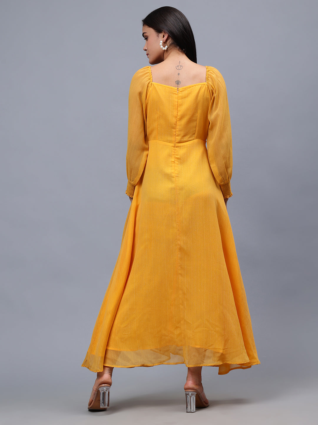 Frolic Rolic Mustard Poly Georgette Square Neck Front Slit Full Sleeves Maxi Dress