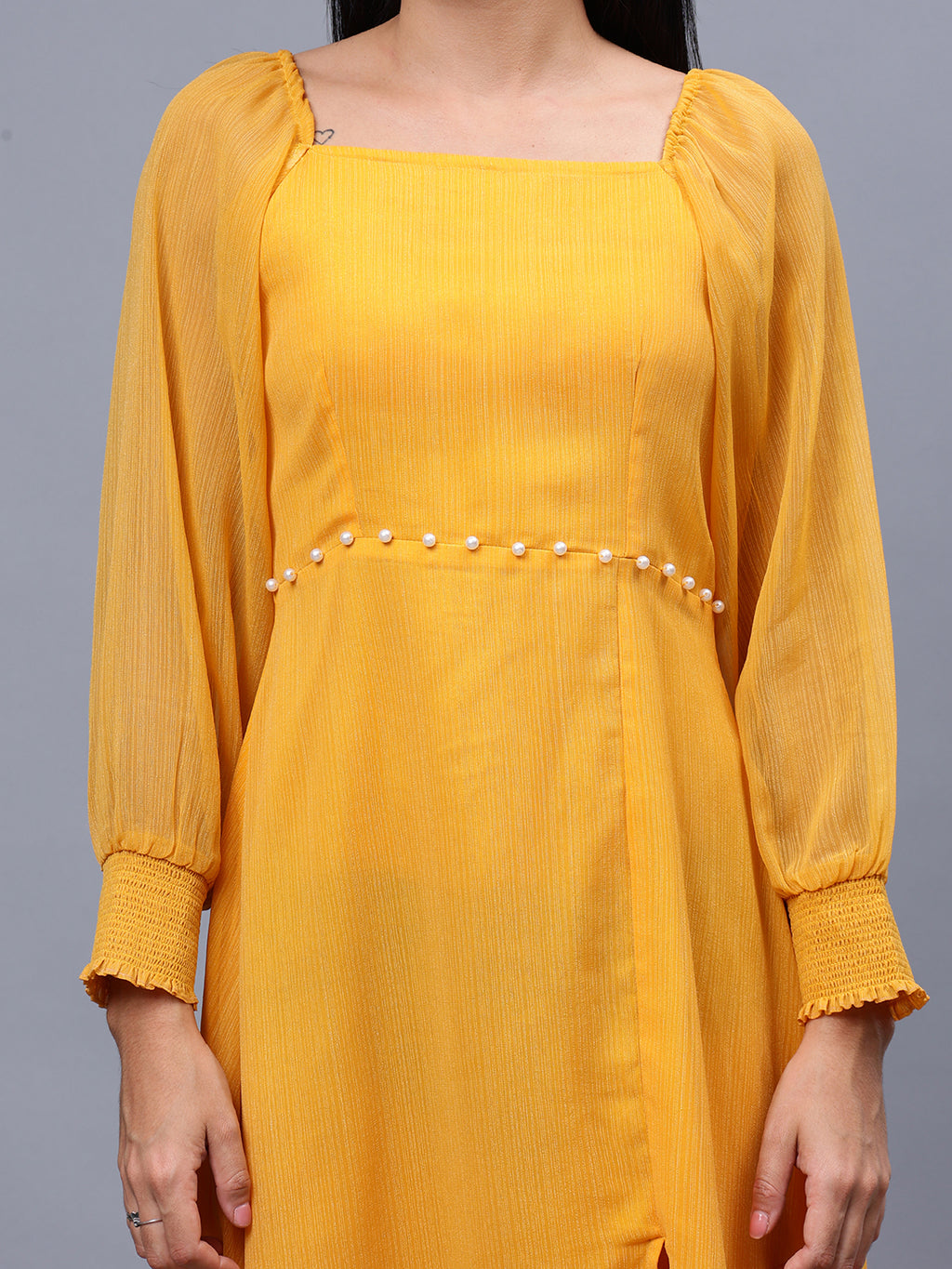 Frolic Rolic Mustard Poly Georgette Square Neck Front Slit Full Sleeves Maxi Dress