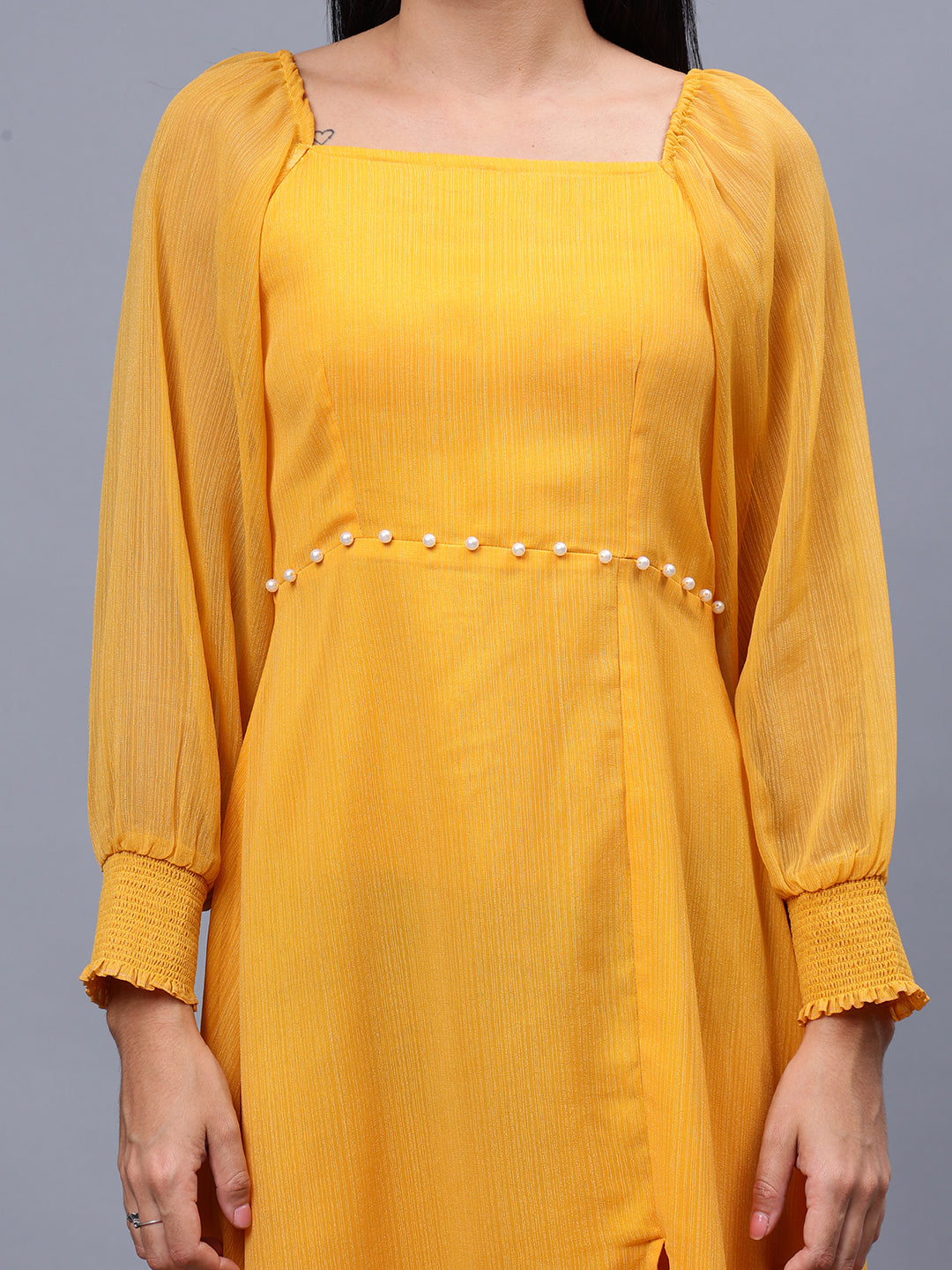 Frolic Rolic Mustard Poly Georgette Square Neck Front Slit Full Sleeves Maxi Dress