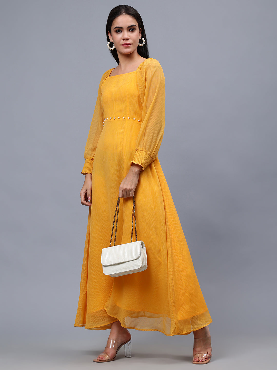 Frolic Rolic Mustard Poly Georgette Square Neck Front Slit Full Sleeves Maxi Dress
