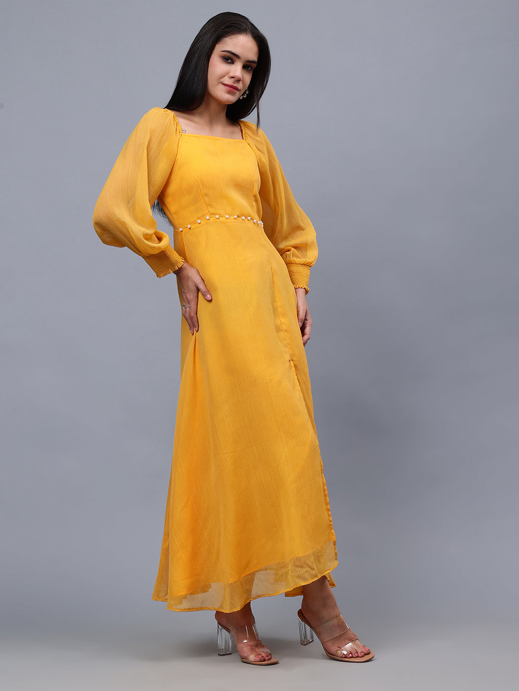 Frolic Rolic Mustard Poly Georgette Square Neck Front Slit Full Sleeves Maxi Dress