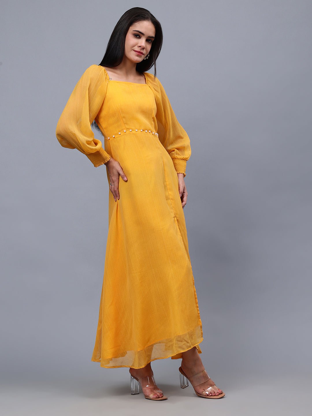 Frolic Rolic Mustard Poly Georgette Square Neck Front Slit Full Sleeves Maxi Dress