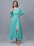 Frolic Rolic Turquoise Poly Georgette Square Neck Front Slit Full Sleeves Maxi Dress