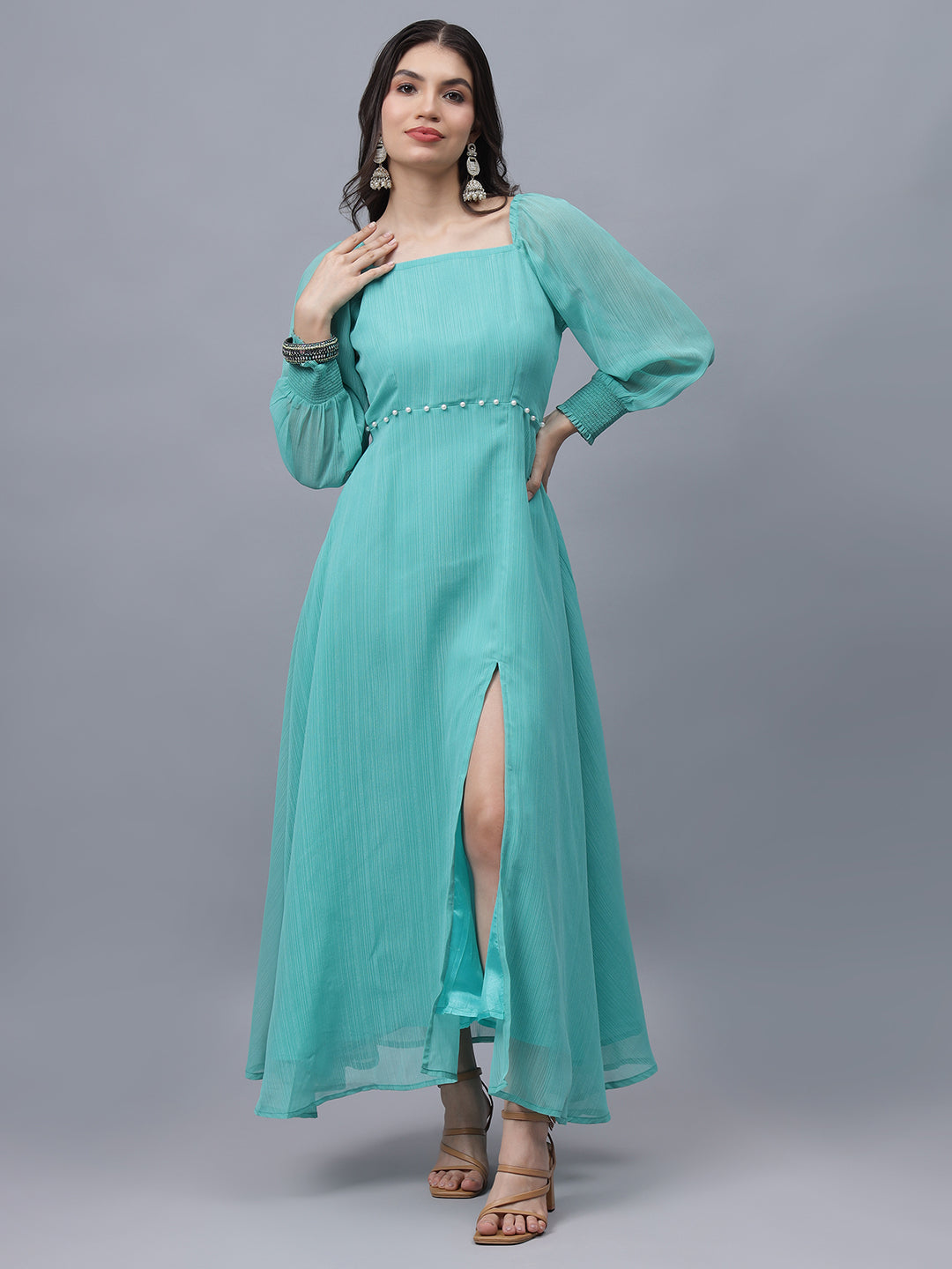 Frolic Rolic Turquoise Poly Georgette Square Neck Front Slit Full Sleeves Maxi Dress