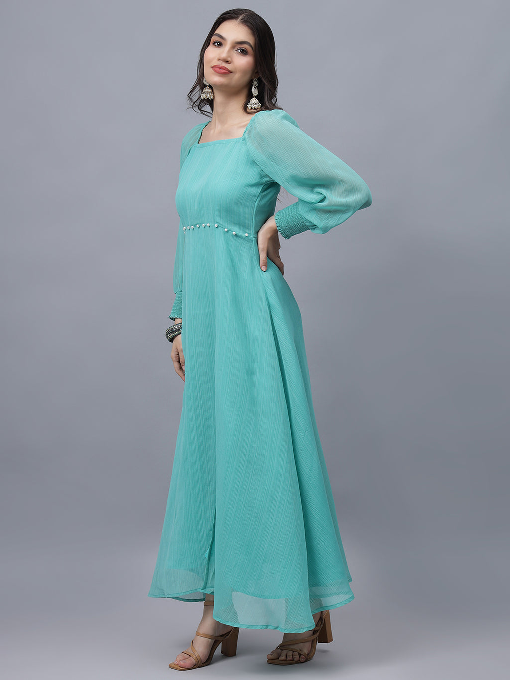 Frolic Rolic Turquoise Poly Georgette Square Neck Front Slit Full Sleeves Maxi Dress