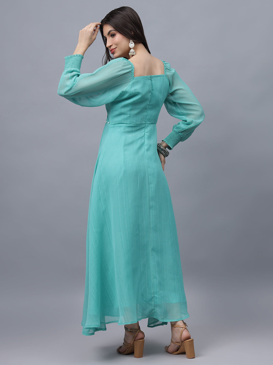Frolic Rolic Turquoise Poly Georgette Square Neck Front Slit Full Sleeves Maxi Dress