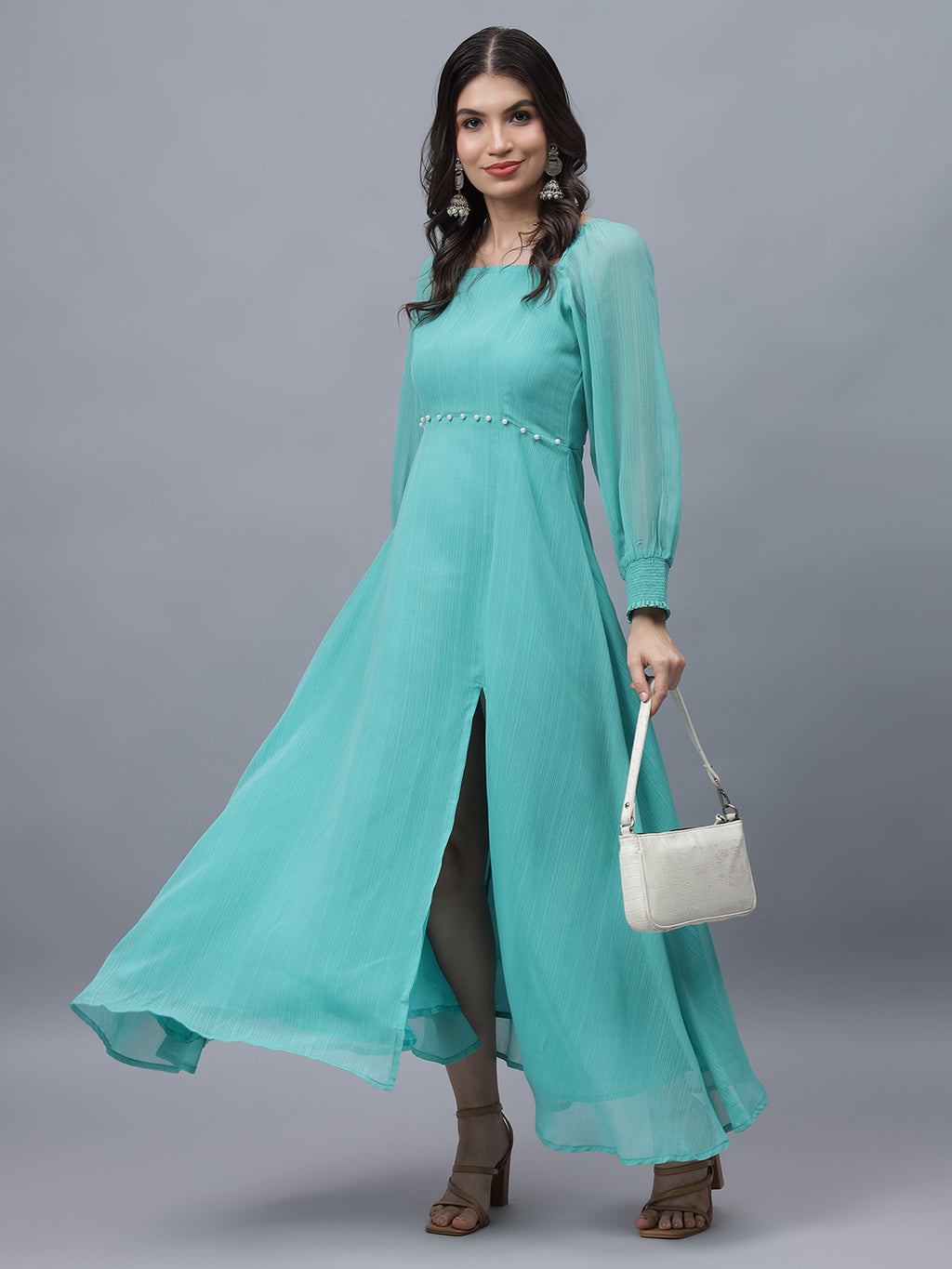 Frolic Rolic Turquoise Poly Georgette Square Neck Front Slit Full Sleeves Maxi Dress