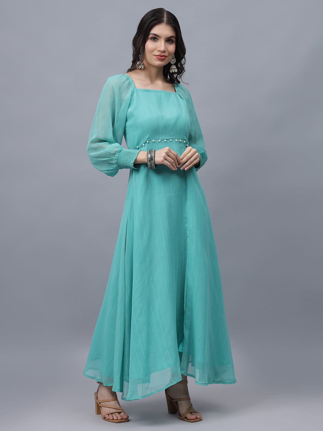 Frolic Rolic Turquoise Poly Georgette Square Neck Front Slit Full Sleeves Maxi Dress