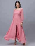 Frolic Rolic Pink Poly Georgette Square Neck Front Slit Full Sleeves Maxi Dress