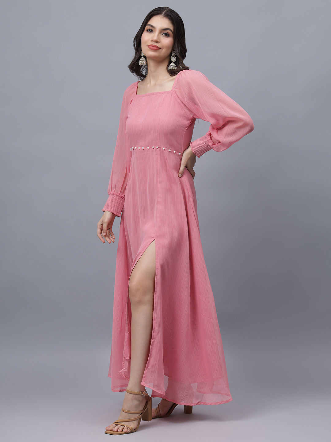 Frolic Rolic Pink Poly Georgette Square Neck Front Slit Full Sleeves Maxi Dress