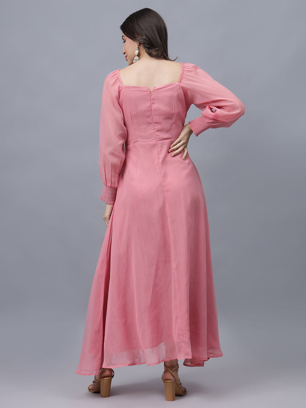 Frolic Rolic Pink Poly Georgette Square Neck Front Slit Full Sleeves Maxi Dress