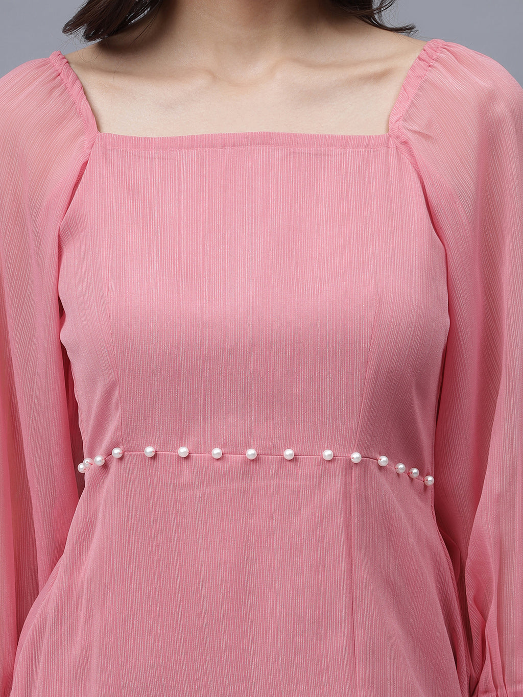 Frolic Rolic Pink Poly Georgette Square Neck Front Slit Full Sleeves Maxi Dress