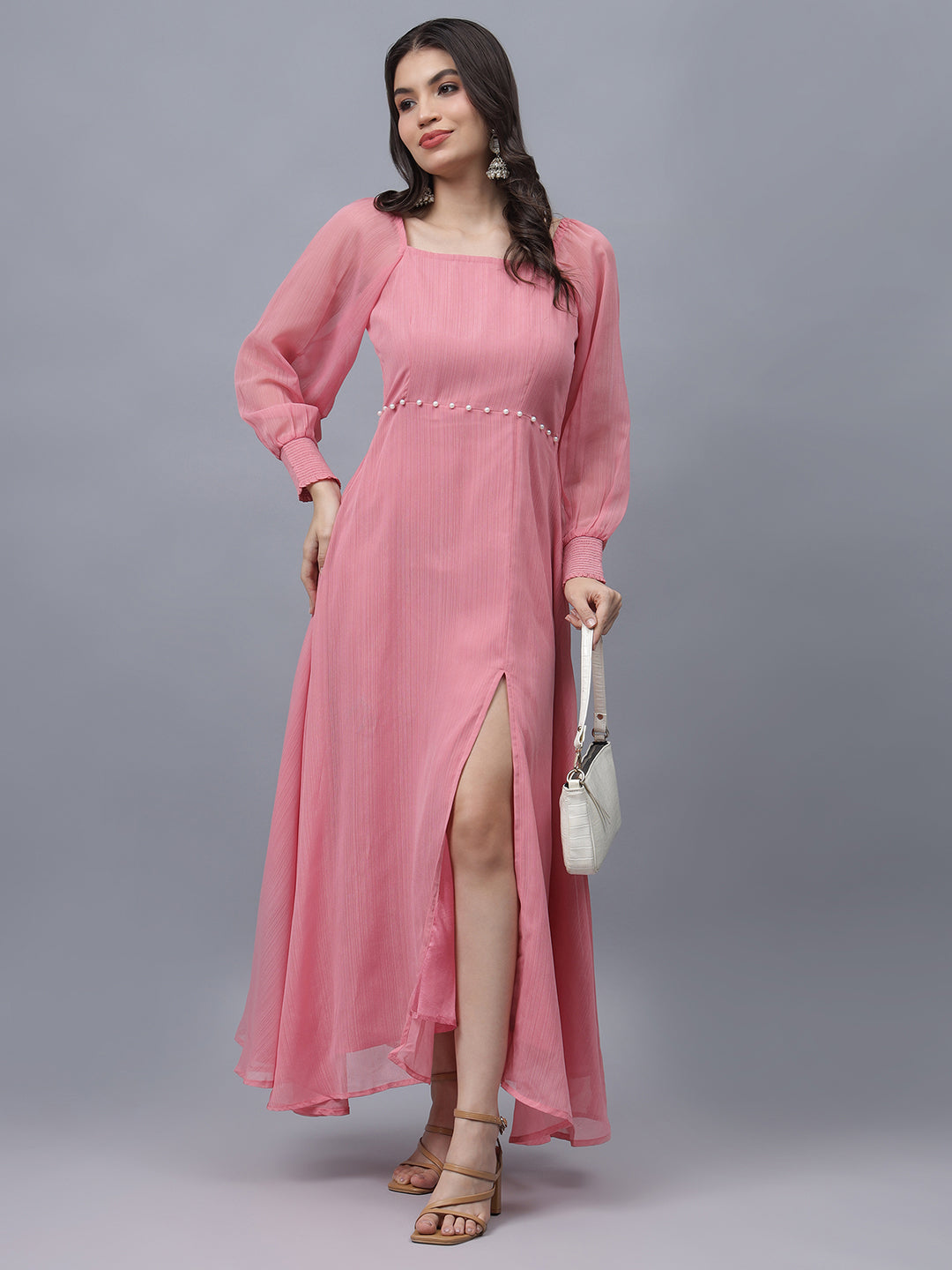 Frolic Rolic Pink Poly Georgette Square Neck Front Slit Full Sleeves Maxi Dress