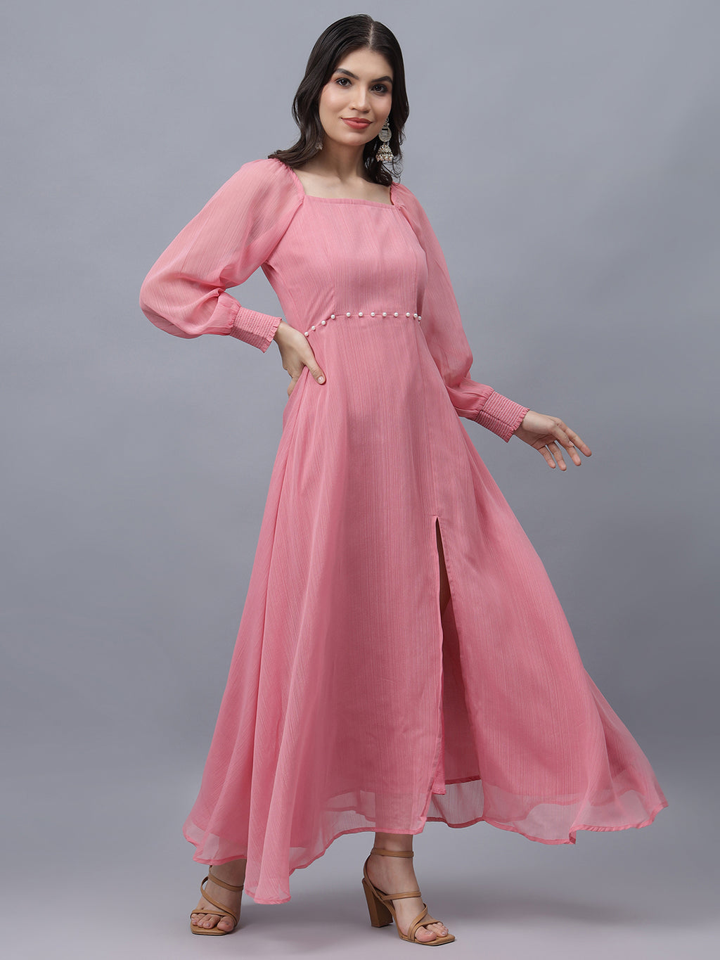 Frolic Rolic Pink Poly Georgette Square Neck Front Slit Full Sleeves Maxi Dress