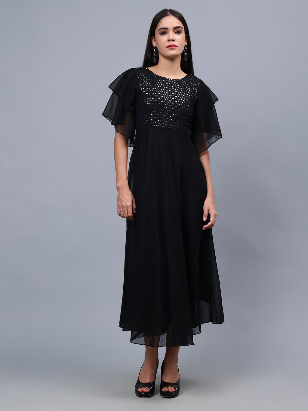 Frolic Rolic Black Embellished Georgette Flutter Sleeves Round Neck Maxi Dress