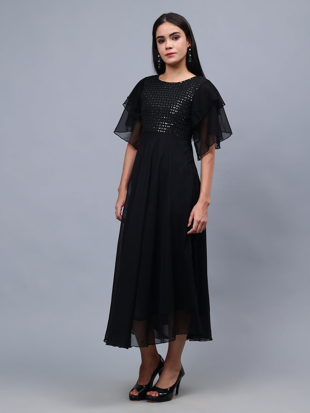 Frolic Rolic Black Embellished Georgette Flutter Sleeves Round Neck Maxi Dress