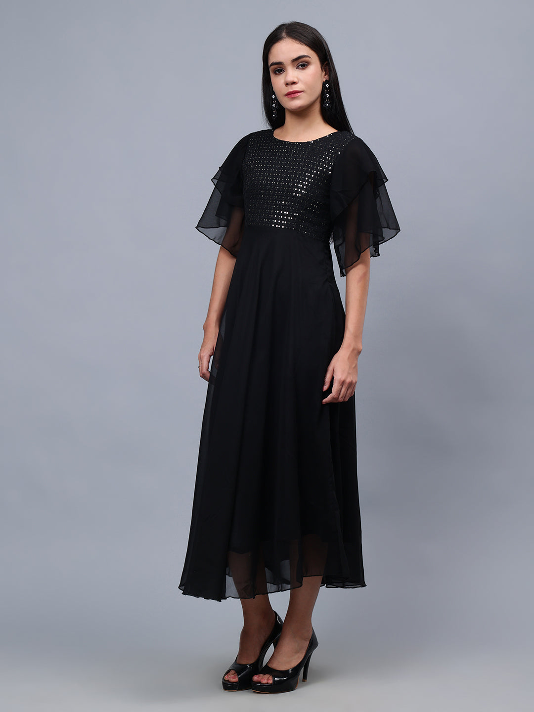 Frolic Rolic Black Embellished Georgette Flutter Sleeves Round Neck Maxi Dress