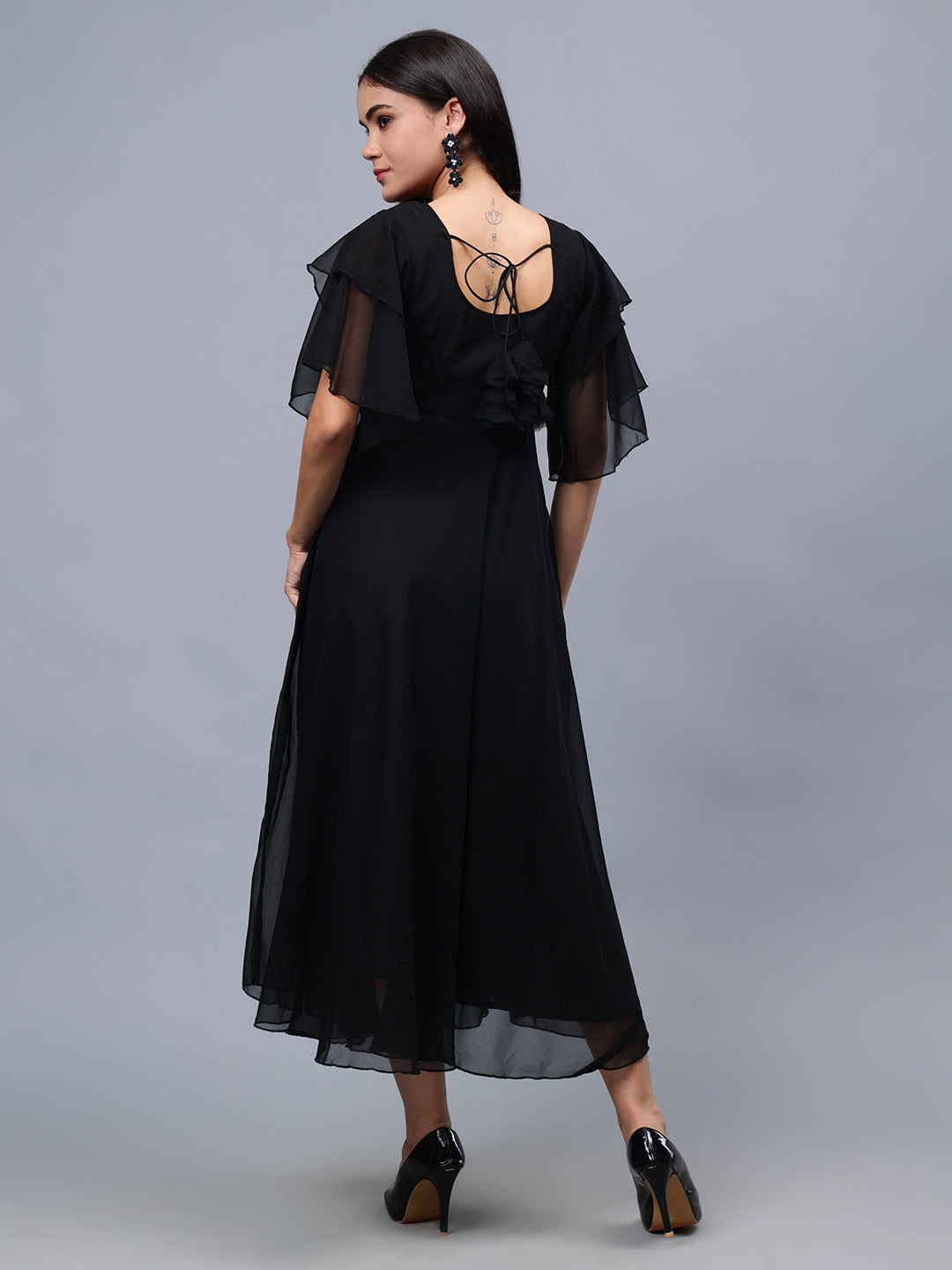 Frolic Rolic Black Embellished Georgette Flutter Sleeves Round Neck Maxi Dress