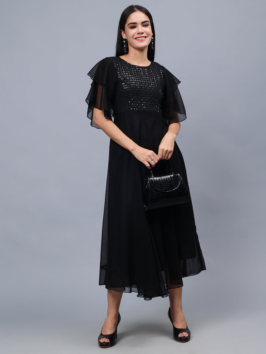 Frolic Rolic Black Embellished Georgette Flutter Sleeves Round Neck Maxi Dress