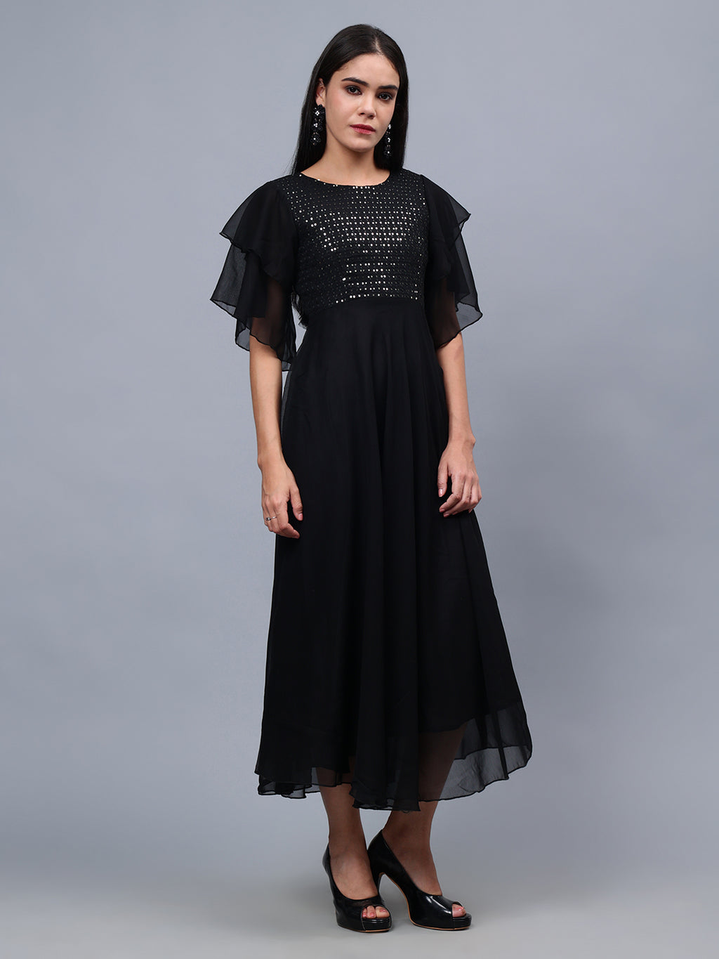 Frolic Rolic Black Embellished Georgette Flutter Sleeves Round Neck Maxi Dress