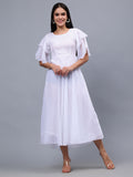 Frolic Rolic White Embellished Georgette Flutter Sleeves Round Neck Maxi Dress