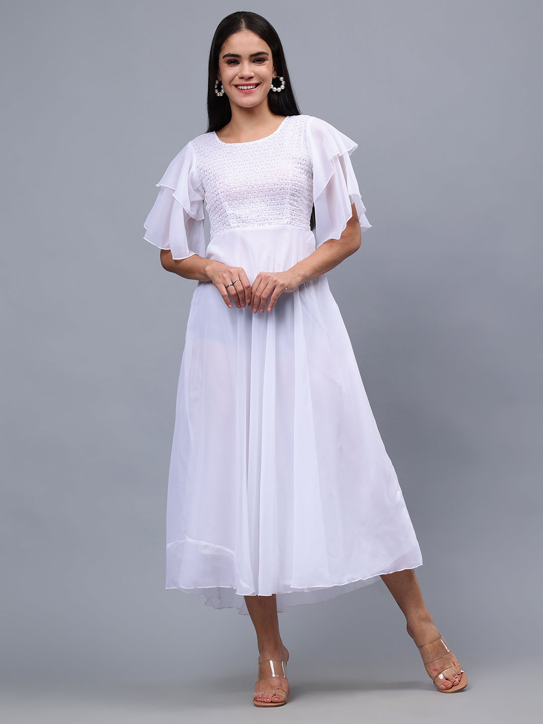 Frolic Rolic White Embellished Georgette Flutter Sleeves Round Neck Maxi Dress