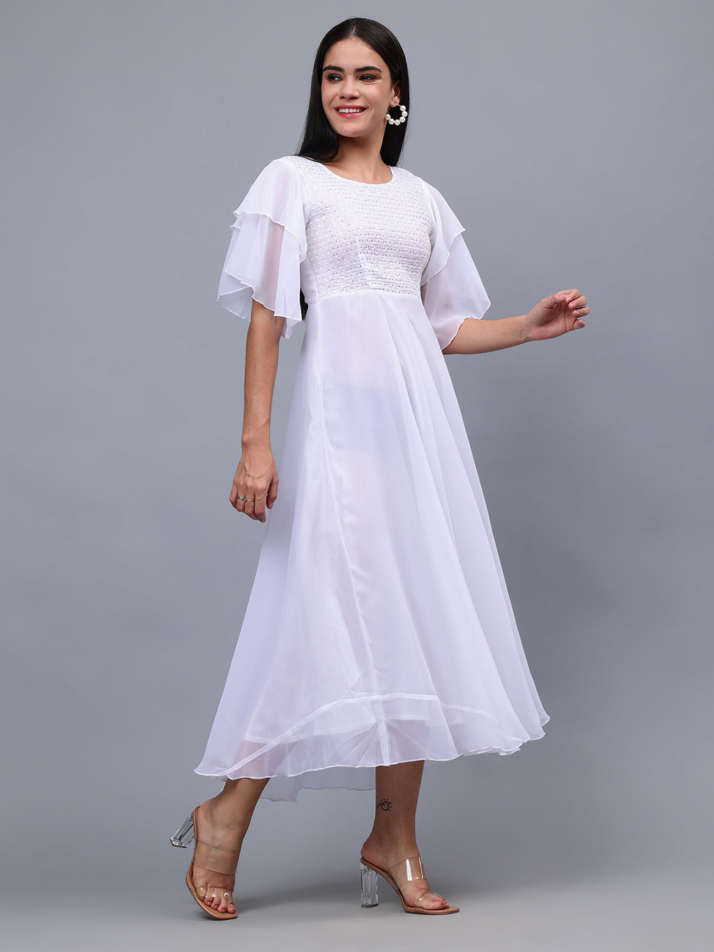 Frolic Rolic White Embellished Georgette Flutter Sleeves Round Neck Maxi Dress