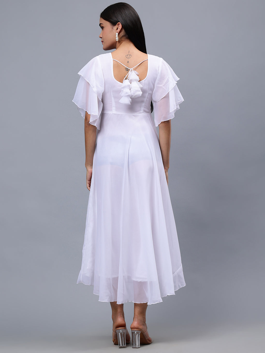 Frolic Rolic White Embellished Georgette Flutter Sleeves Round Neck Maxi Dress