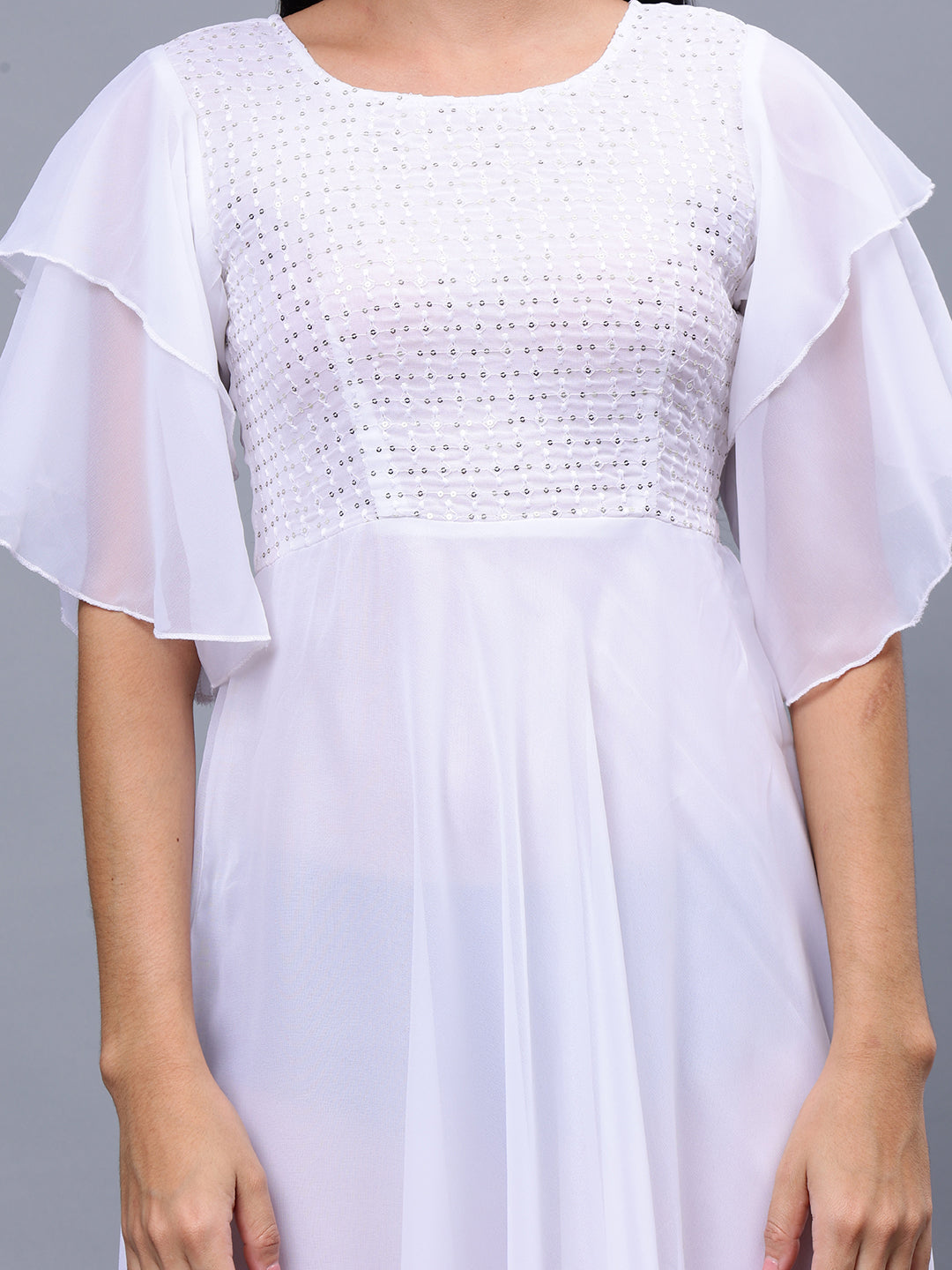 Frolic Rolic White Embellished Georgette Flutter Sleeves Round Neck Maxi Dress