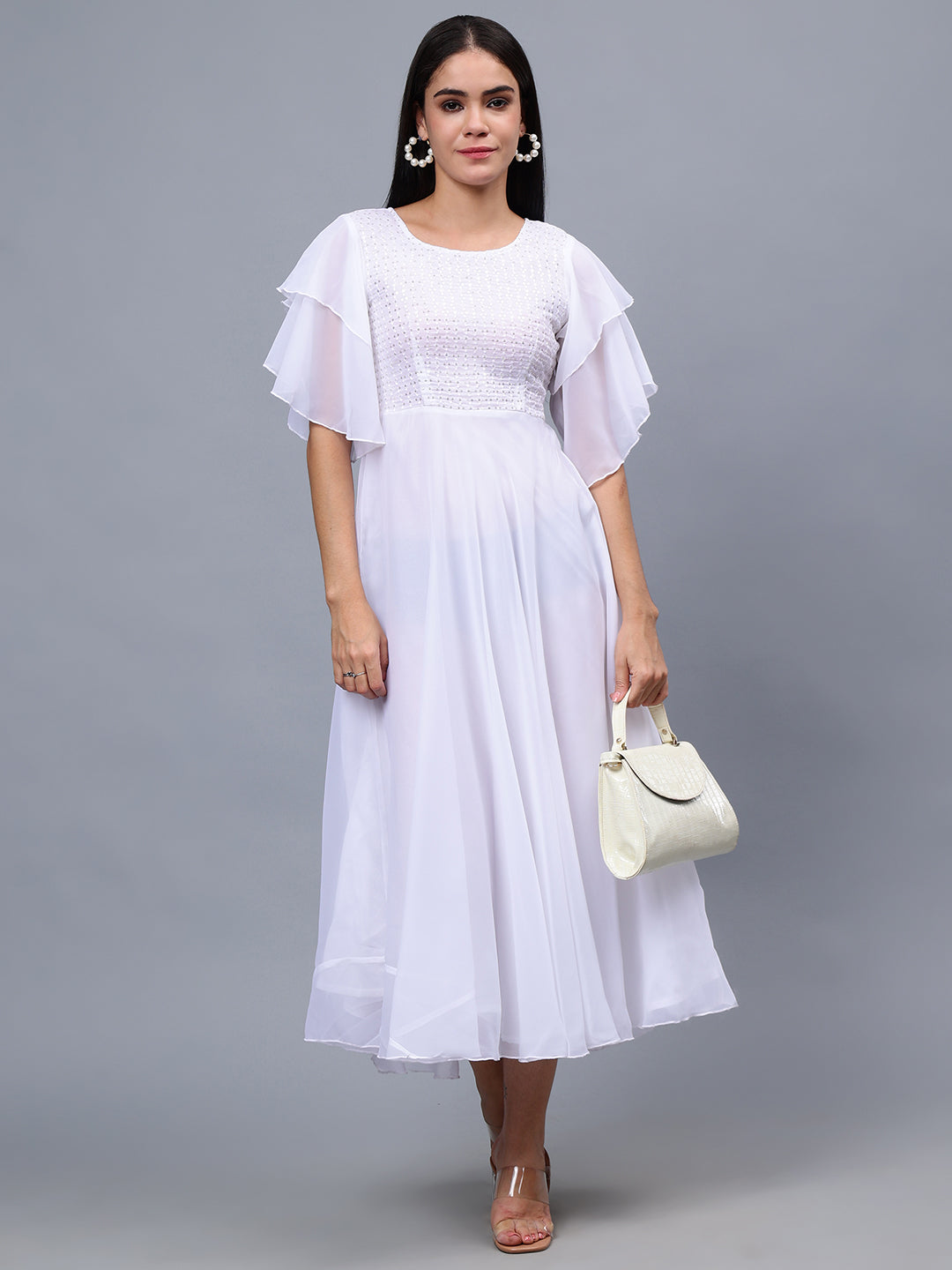Frolic Rolic White Embellished Georgette Flutter Sleeves Round Neck Maxi Dress