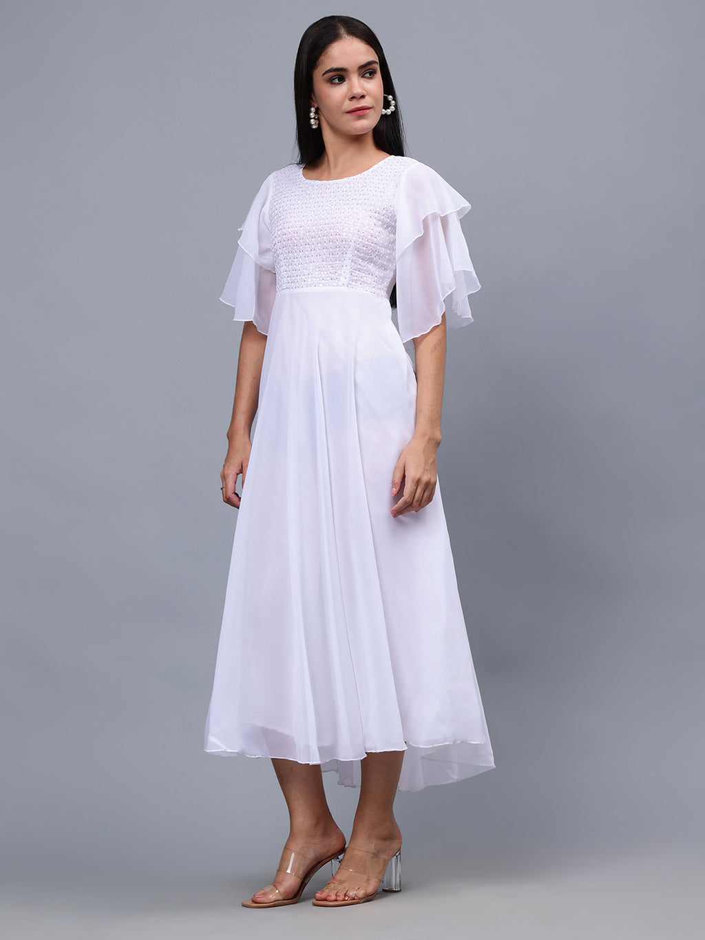Frolic Rolic White Embellished Georgette Flutter Sleeves Round Neck Maxi Dress