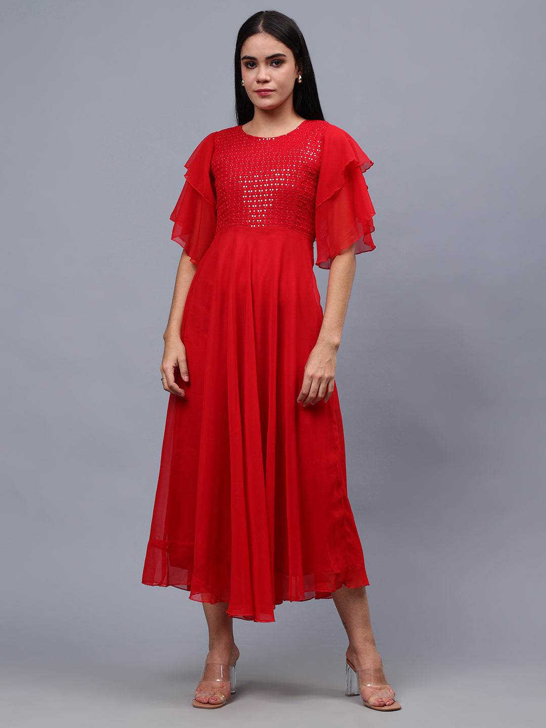Frolic Rolic Red Embellished Georgette Flutter Sleeves Round Neck Maxi Dress