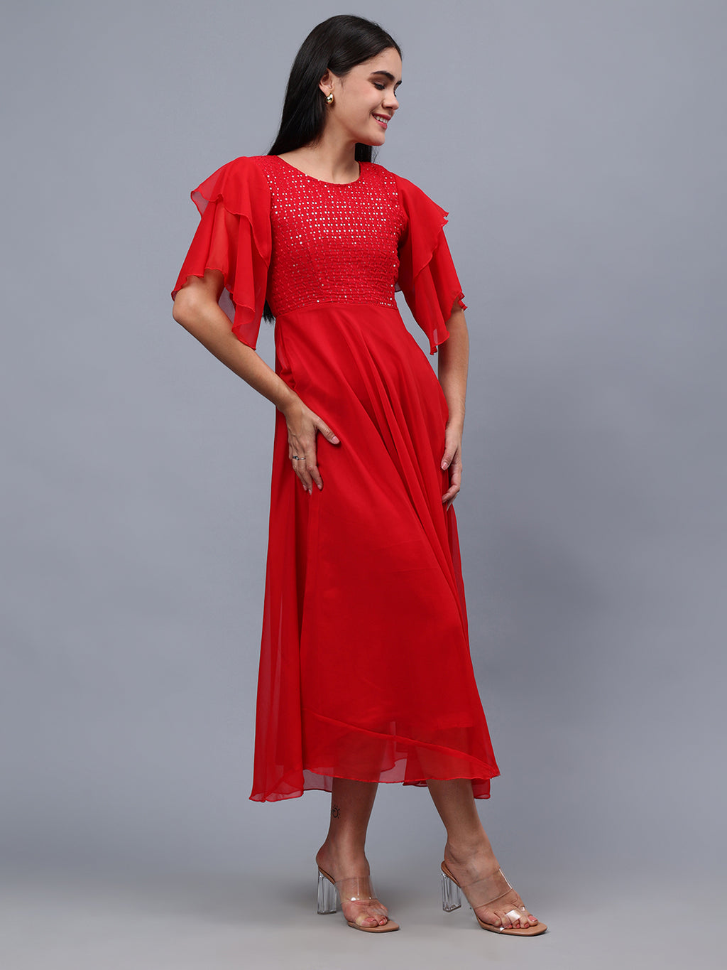 Frolic Rolic Red Embellished Georgette Flutter Sleeves Round Neck Maxi Dress