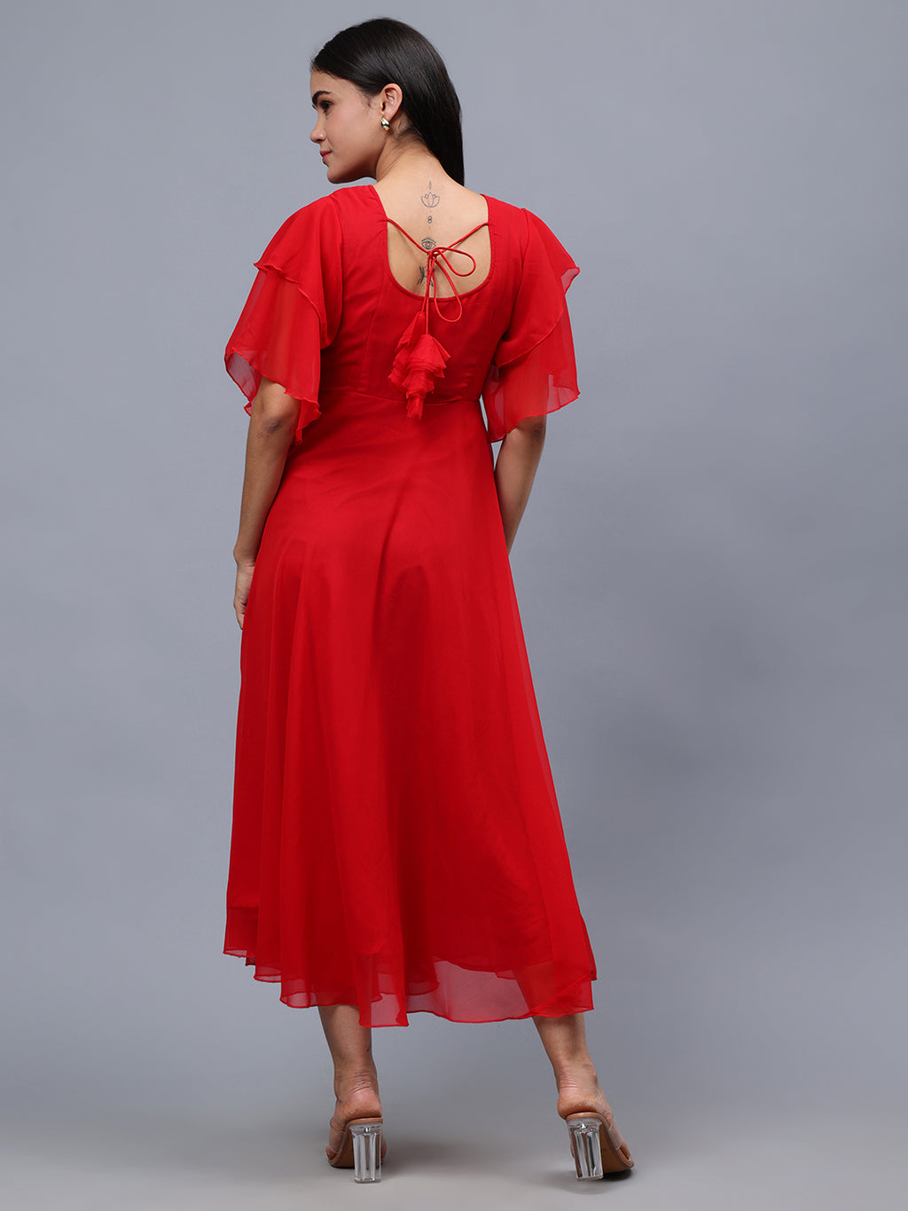Frolic Rolic Red Embellished Georgette Flutter Sleeves Round Neck Maxi Dress