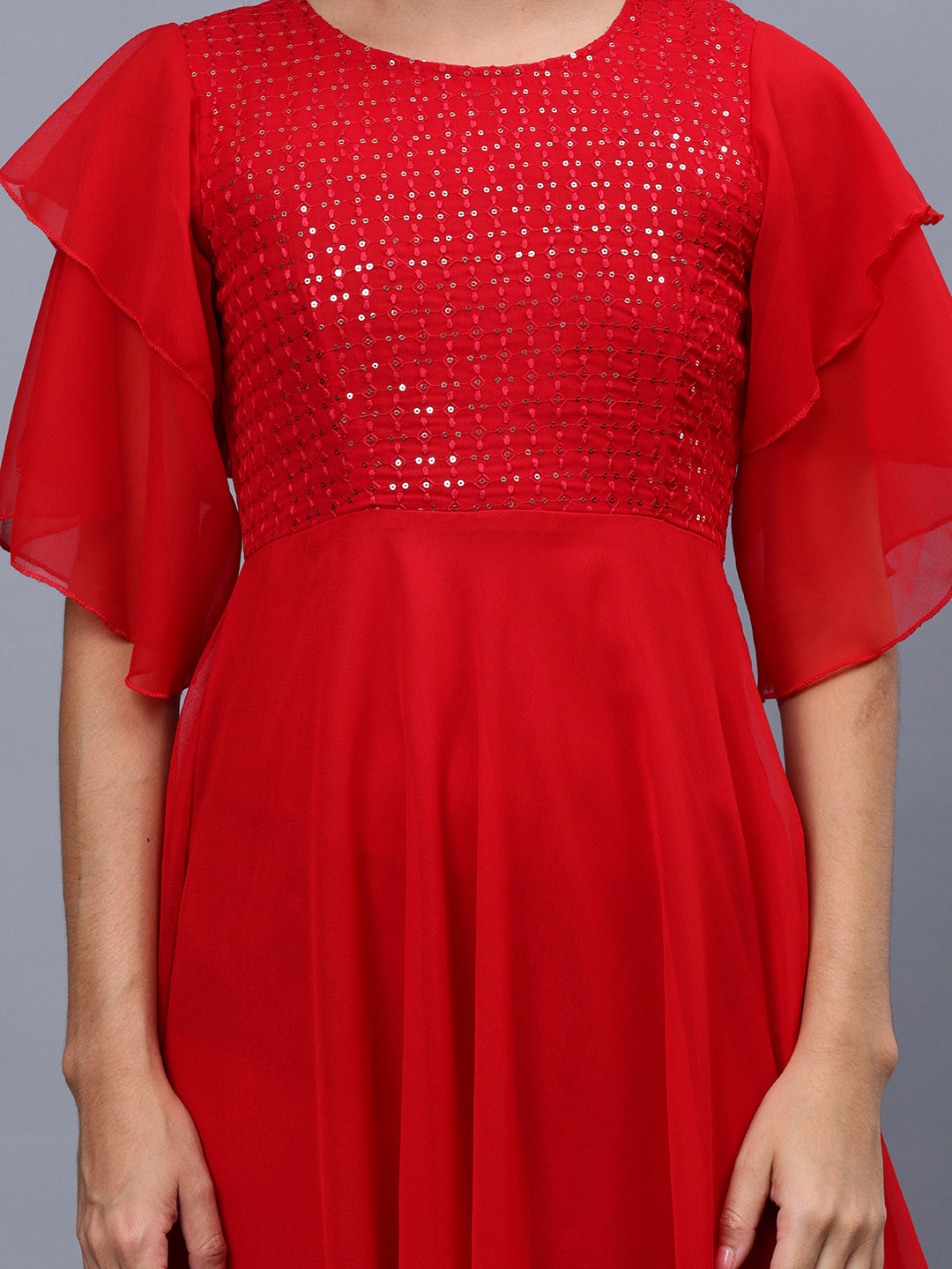 Frolic Rolic Red Embellished Georgette Flutter Sleeves Round Neck Maxi Dress