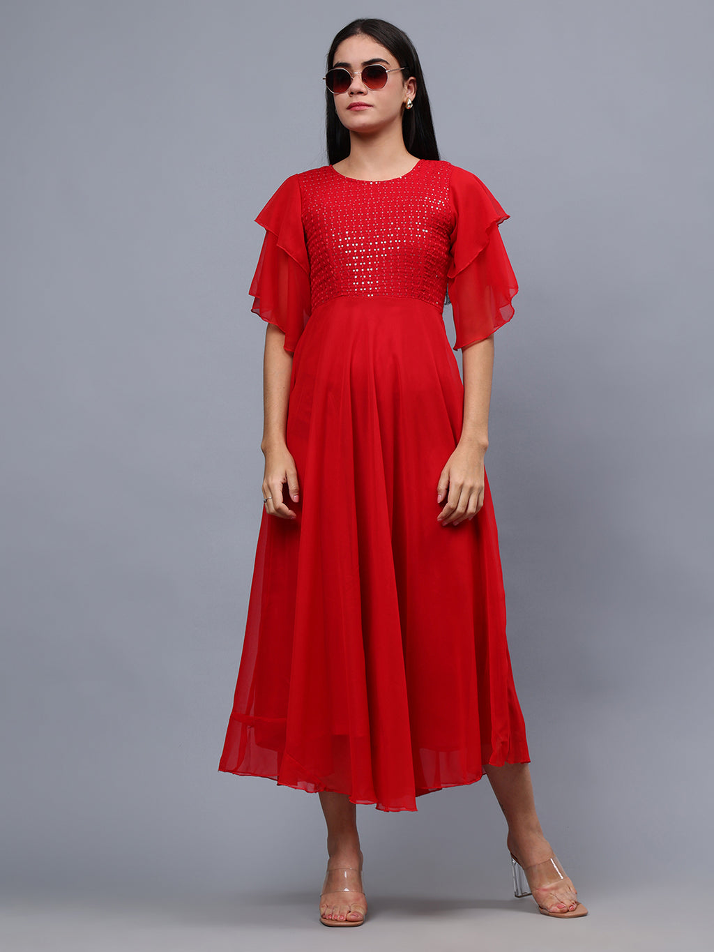 Frolic Rolic Red Embellished Georgette Flutter Sleeves Round Neck Maxi Dress