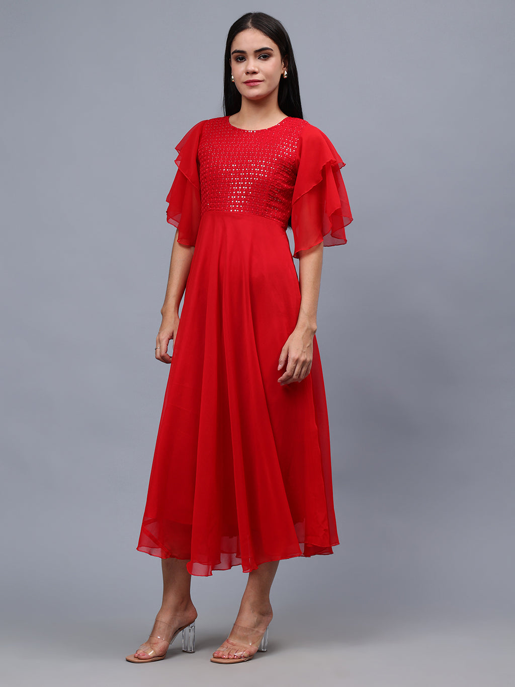 Frolic Rolic Red Embellished Georgette Flutter Sleeves Round Neck Maxi Dress