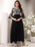 Frolic Rolic Black & Silver Embellished Round Neck Net Maxi Dress