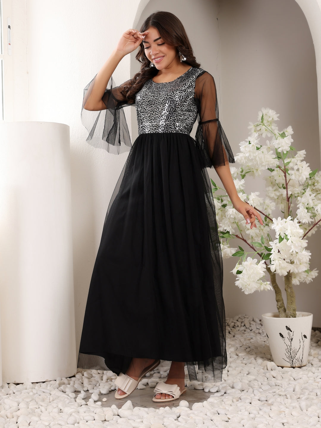 Frolic Rolic Black & Silver Embellished Round Neck Net Maxi Dress