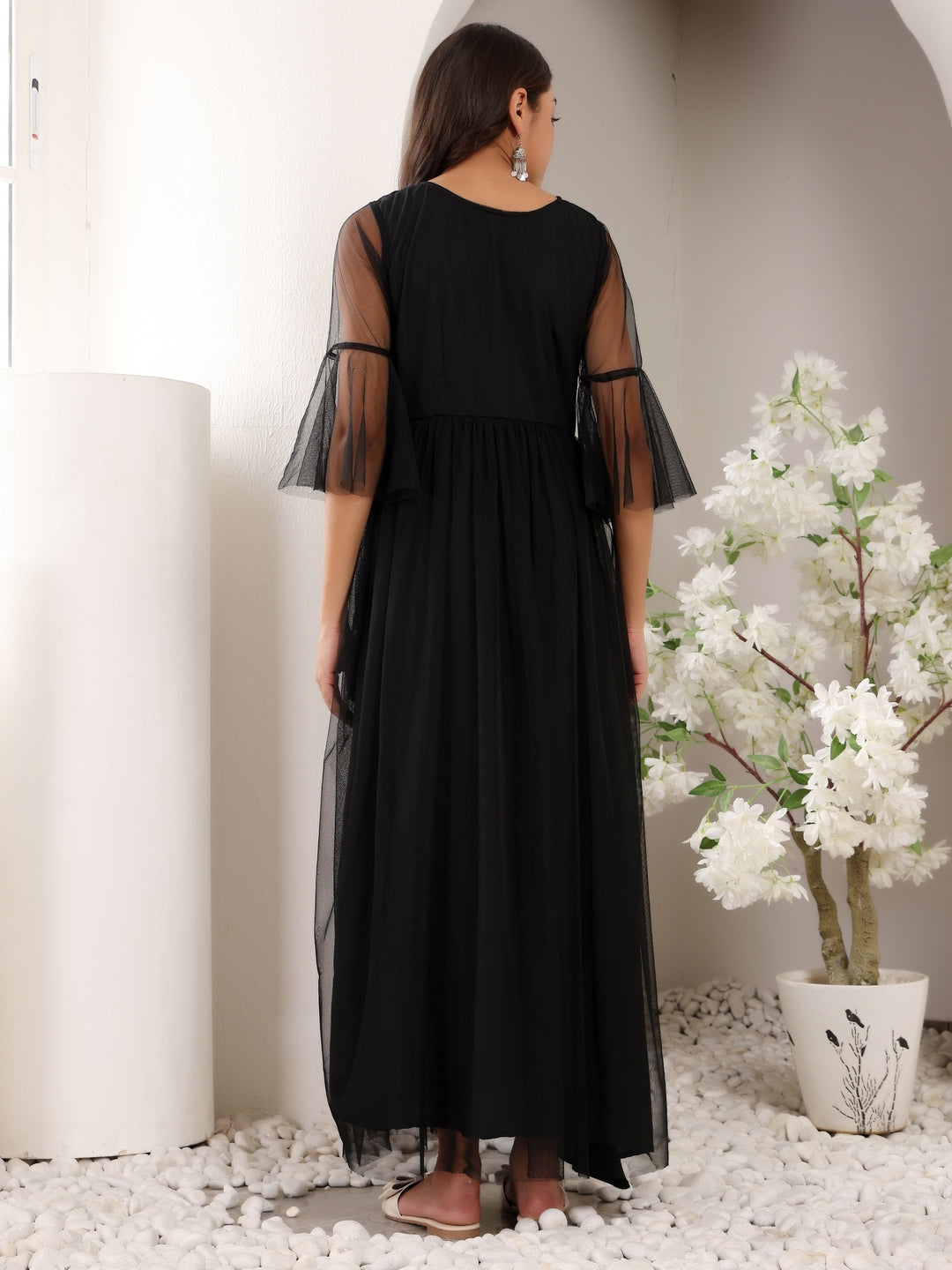 Frolic Rolic Black & Silver Embellished Round Neck Net Maxi Dress