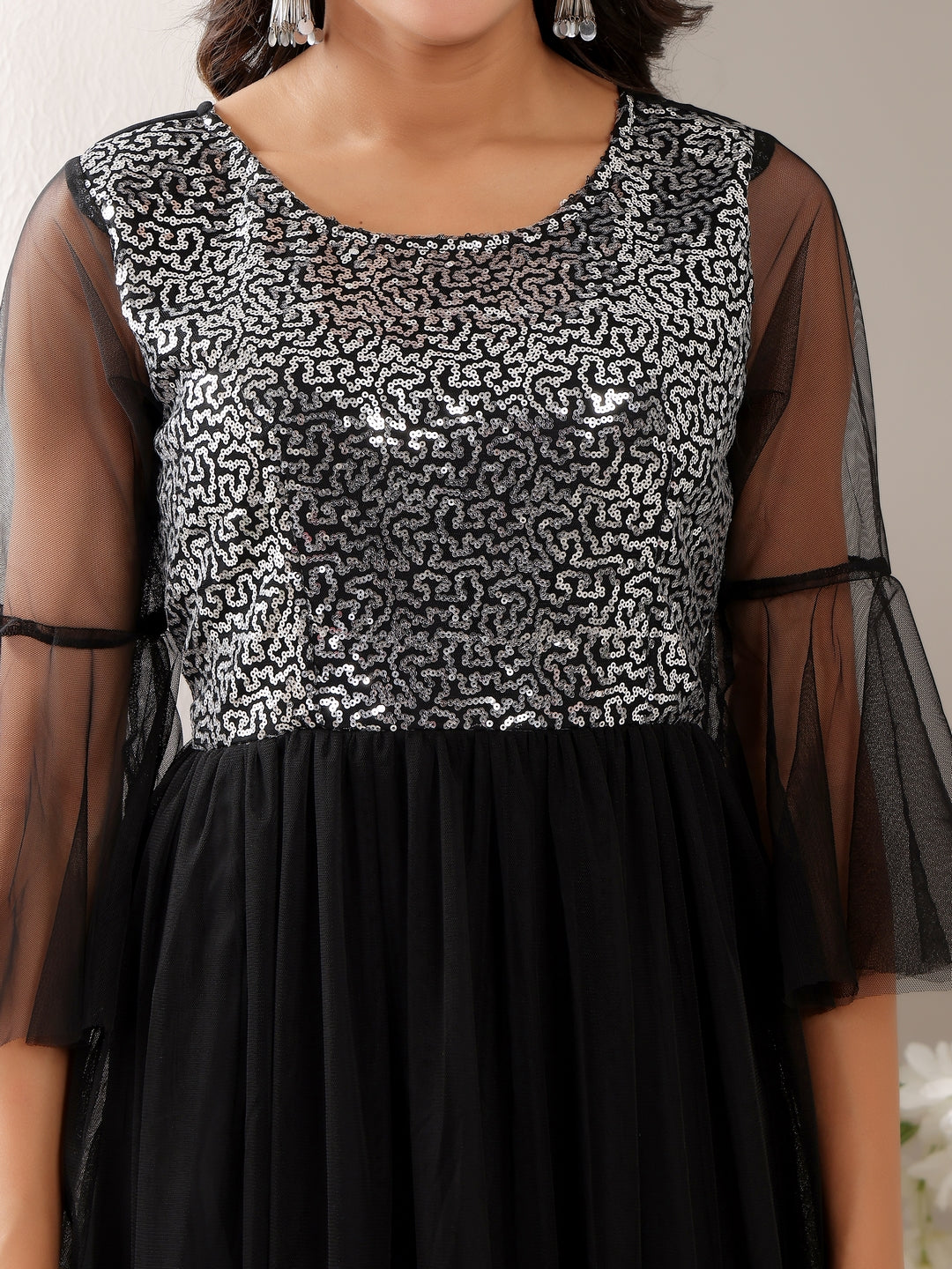 Frolic Rolic Black & Silver Embellished Round Neck Net Maxi Dress