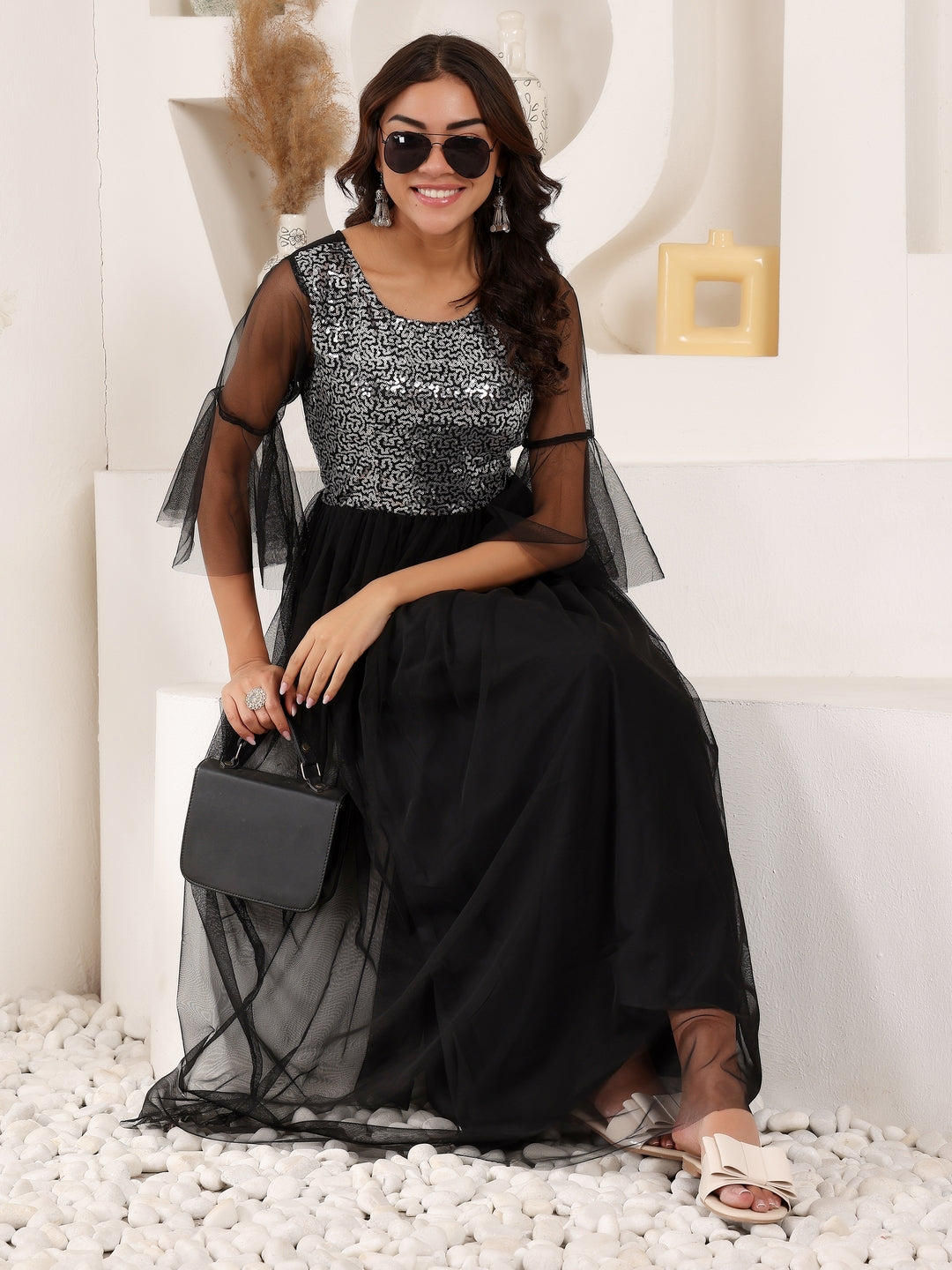 Frolic Rolic Black & Silver Embellished Round Neck Net Maxi Dress